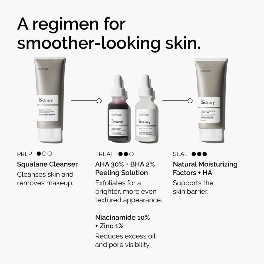 Apply AHA 30% + BHA 2% Peeling Solution followed by Niacinamide 10% + Zinc 1% for smoother looking skin.